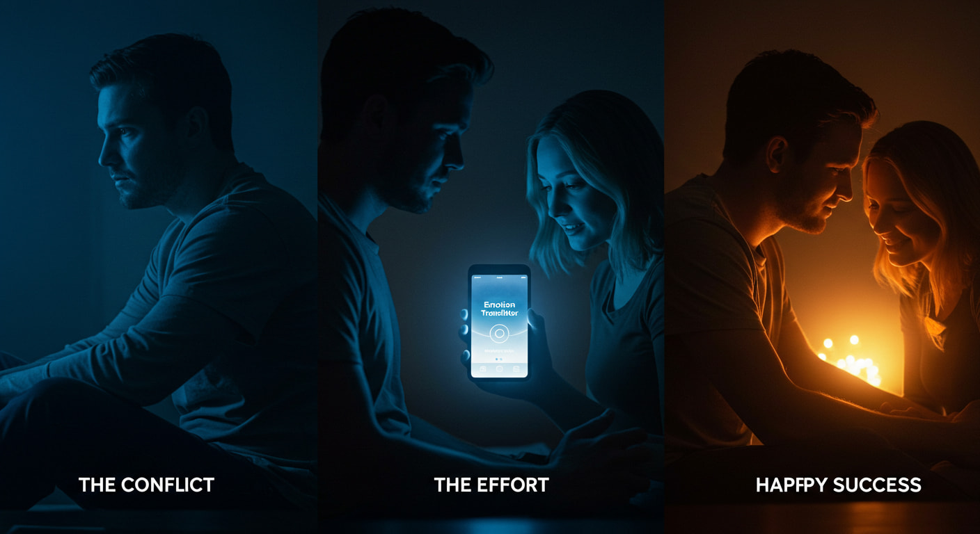 왼쪽에는 서로 등 돌린 채 갈등하는 모습, 중간에는 '감정 번역기' 앱을 보며 서로를 이해하려 노력하는 모습, 오른쪽에는 마침내 화해하고 행복하게 마주보며 웃는 친구의 모습을 한 장의 사진에 파노라마처럼 담아 관계 변화의 전 과정을 보여주는 이미지.