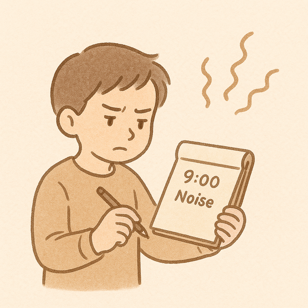 층간소음 시간을 기록하면 불쾌한표정을 짓는 남성 일러스트