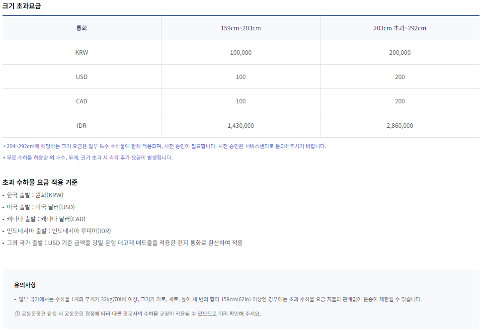 대한항공 초과 수하물 요금 규정-한국↔일본/중국/홍콩/대만/마카오/몽골 구간-일등석