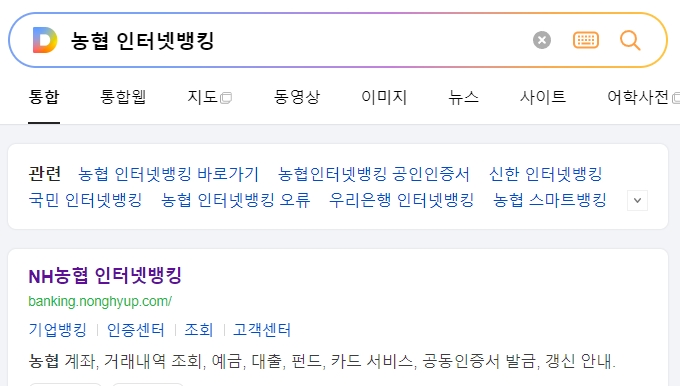 농협 인터넷뱅킹 메인 화면에서 로그인 후 이용 가능한 메뉴들을 확인하는 모습