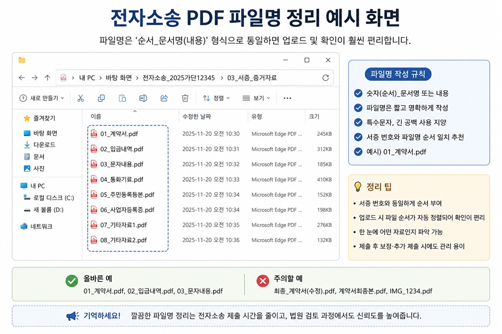 전자소송 PDF 파일명 정리 예시와 올바른 파일명 작성 방법 설명 이미지