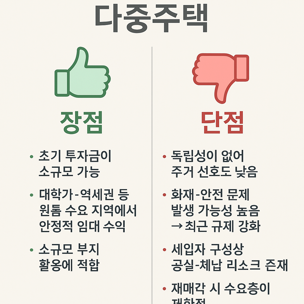 다중주택 장단점 인포그래픽. 왼쪽은 장점: 초기 소규모 투자 가능, 대학가·역세권 임대 수익 안정, 소규모 부지 활용 적합. 오른쪽은 단점: 독립성 부족, 화재·안전 문제, 공실·체납 리스크, 재매각 시 수요층 제한