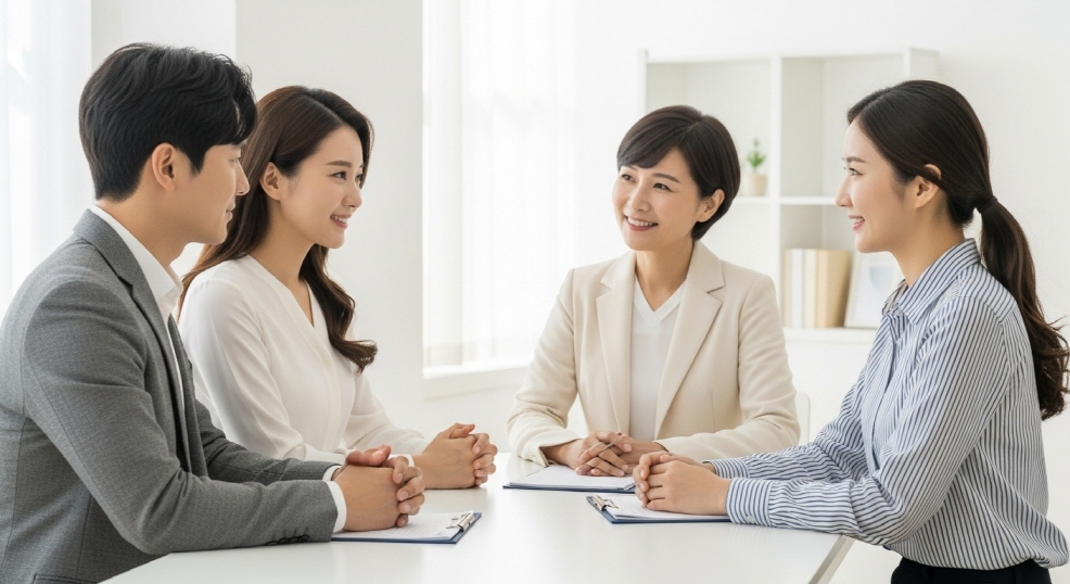 탁자에 둘러앉은 부부와 상담사