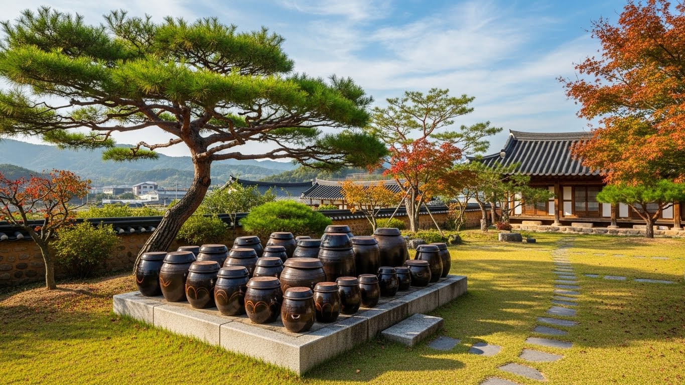 전통 한옥 마당과 장독대, 나무가 어우러진 한국 전통 조경 공간