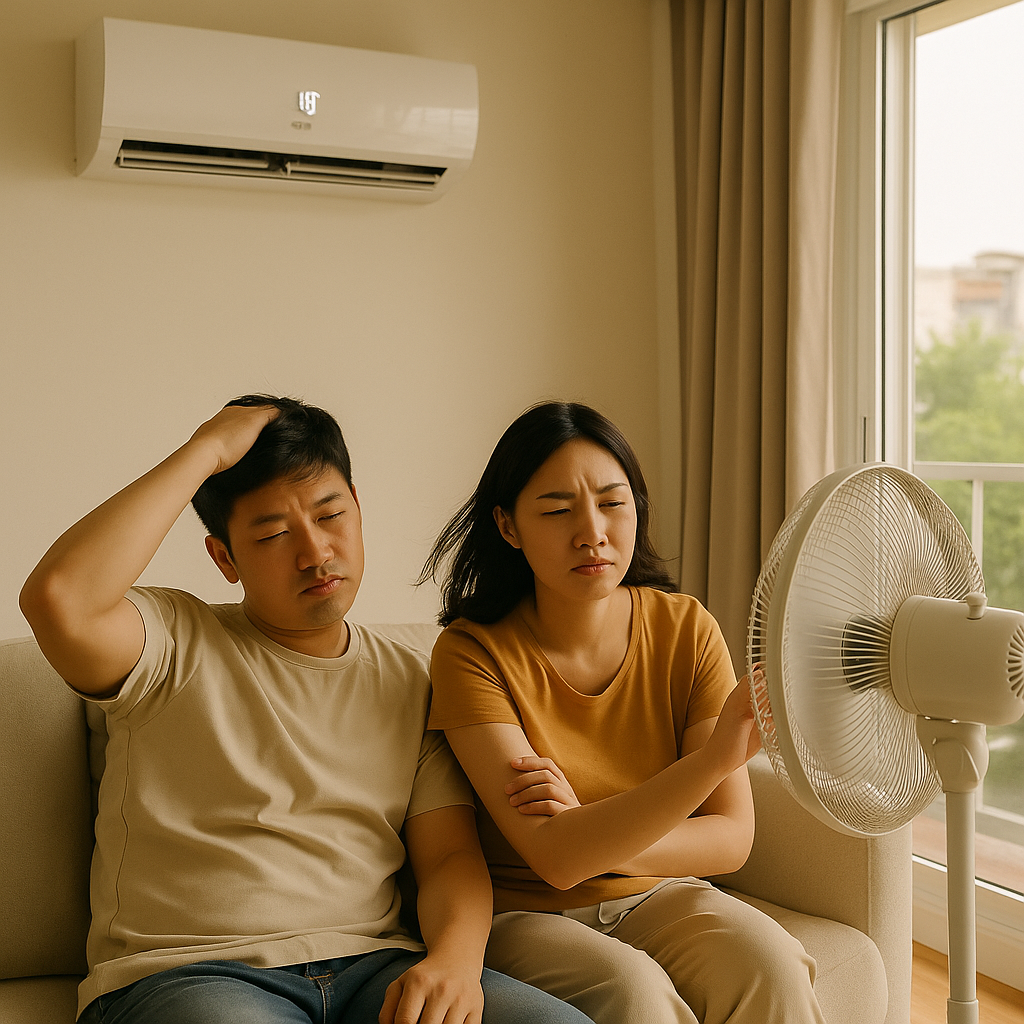 거실에서 벽걸이 에어컨을 켜둔 채 선풍기를 틀고 있는 부부. 창문은 약간 열려 있고, 두 사람 모두 더위에 지친 표정.