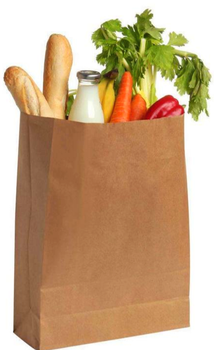 갈색 종이봉투 안을 채우고 있는 바게트 빵과 과일, 와인병