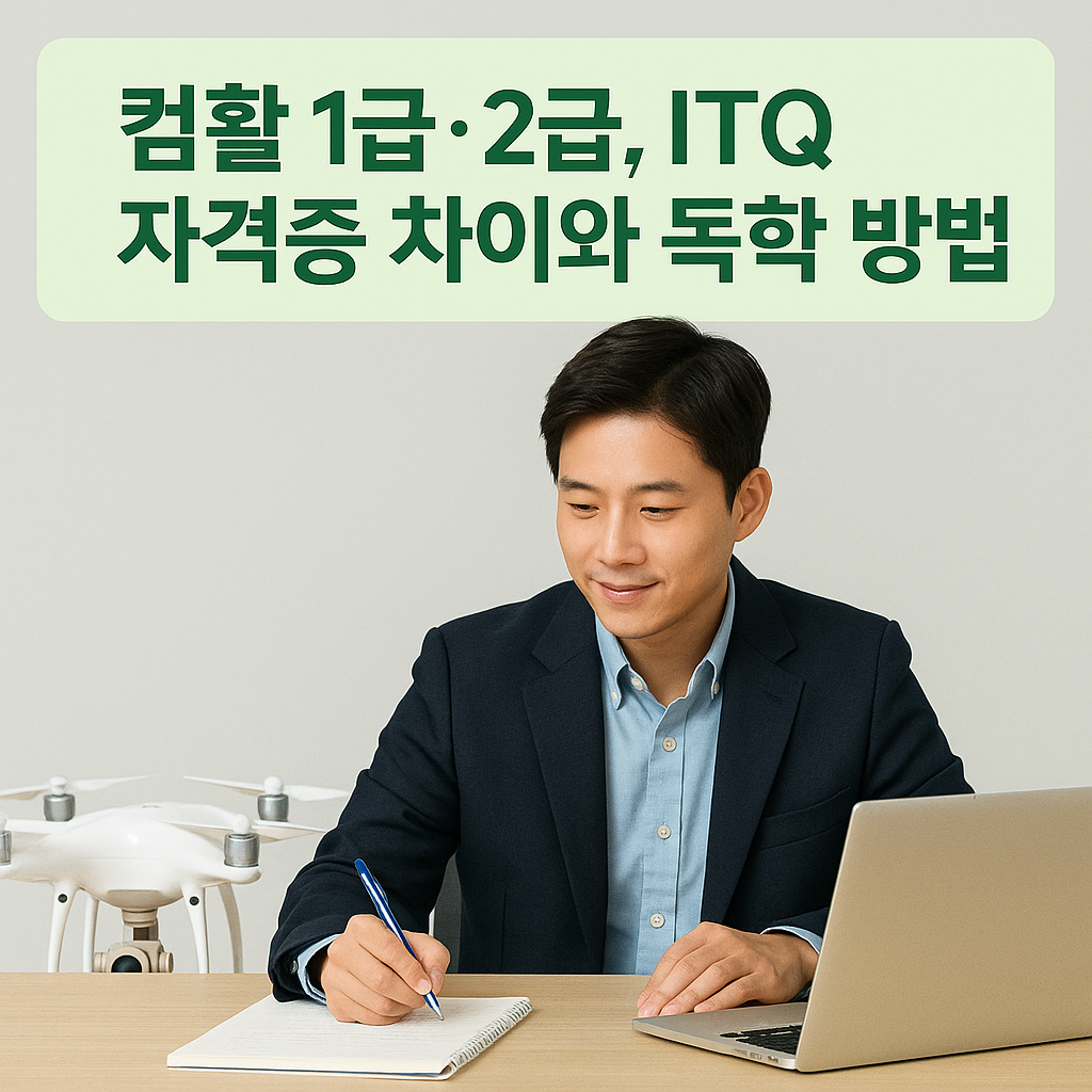 컴활 자격증 독학을 준비하는 청년과 드론, 노트북이 함께 있는 공부 장면 이미지