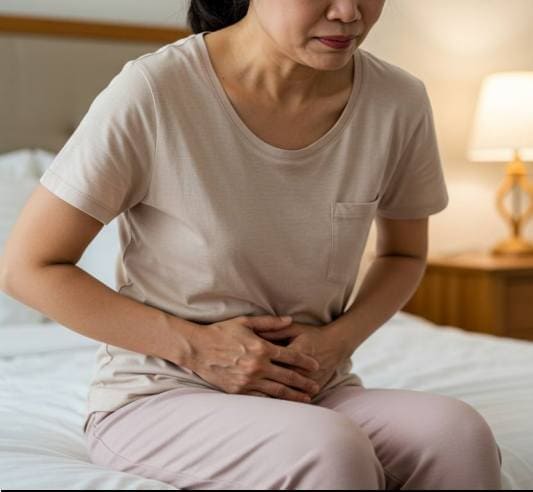 단미엑스혼합제의 효능 소화기 건강, 복통으로 잠에서 깬 중년 여성 사진