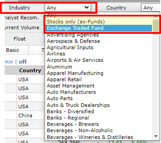 Industry(업종 및 산업) 선택