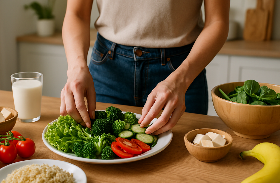 밝은 자연광이 들어오는 주방 공간에서 다양한 식재료(브로콜리, 토마토, 오이, 두부, 현미, 바나나 등)를 정갈하게 식탁에 배치하며 준비하는 손의 움직임