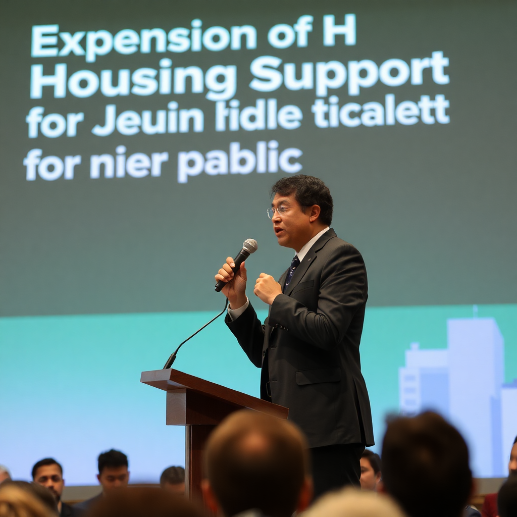 단상에서 마이크를 잡고 '저연차 공무원 주거지원 확대'라는 문구가 있는 화면을 배경으로, 자신감 있게 정책을 설명하는 인물의 모습. 배경에는 청중들이 경청하는 모습이 흐릿하게 보인다.