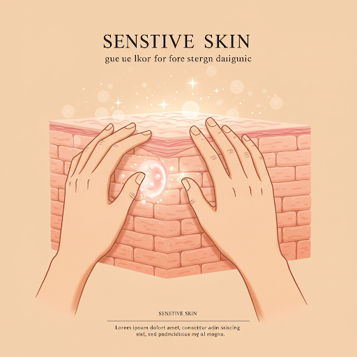 민감한 피부를 감싸는 손과 튼튼한 벽돌 피부 장벽, 빛나는 건강한 피부 일러스트
