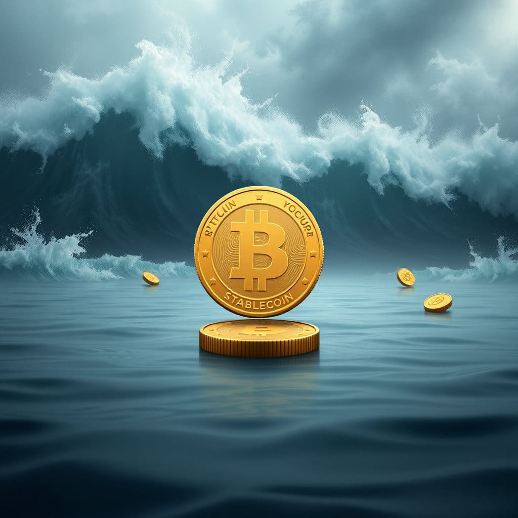 잔잔한 수면 위에 떠 있는 견고하고 흔들림 없는 하나의 동전을 중심으로 배치합니다. 이 동전은 스테이블 코인을 상징합니다. 주변에는 폭풍우가 몰아치며 물결이 거세게 일렁이는 바다와 그 위에 위태롭게 흔들리는 다른 동전들(변동성이 큰 일반 암호화폐를 상징)이 대비되어 표현됩니다. 안정적인 동전에는 'Stablecoin' 또는 '안정된 코인'과 같은 문구를 작게 삽입하여 의미를 명확히 합니다. 전체적으로는 차분하면서도 신뢰감을 주는 색상 톤을 사용합니다.