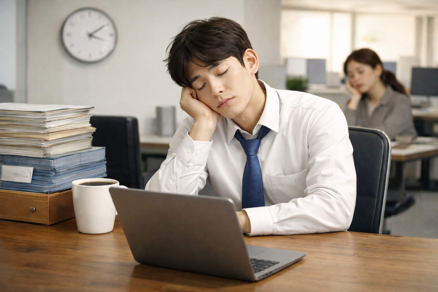 식사 후에 유독 졸림과 집중력 저하를 느끼는 일상적인 상황을 표현한 이미지