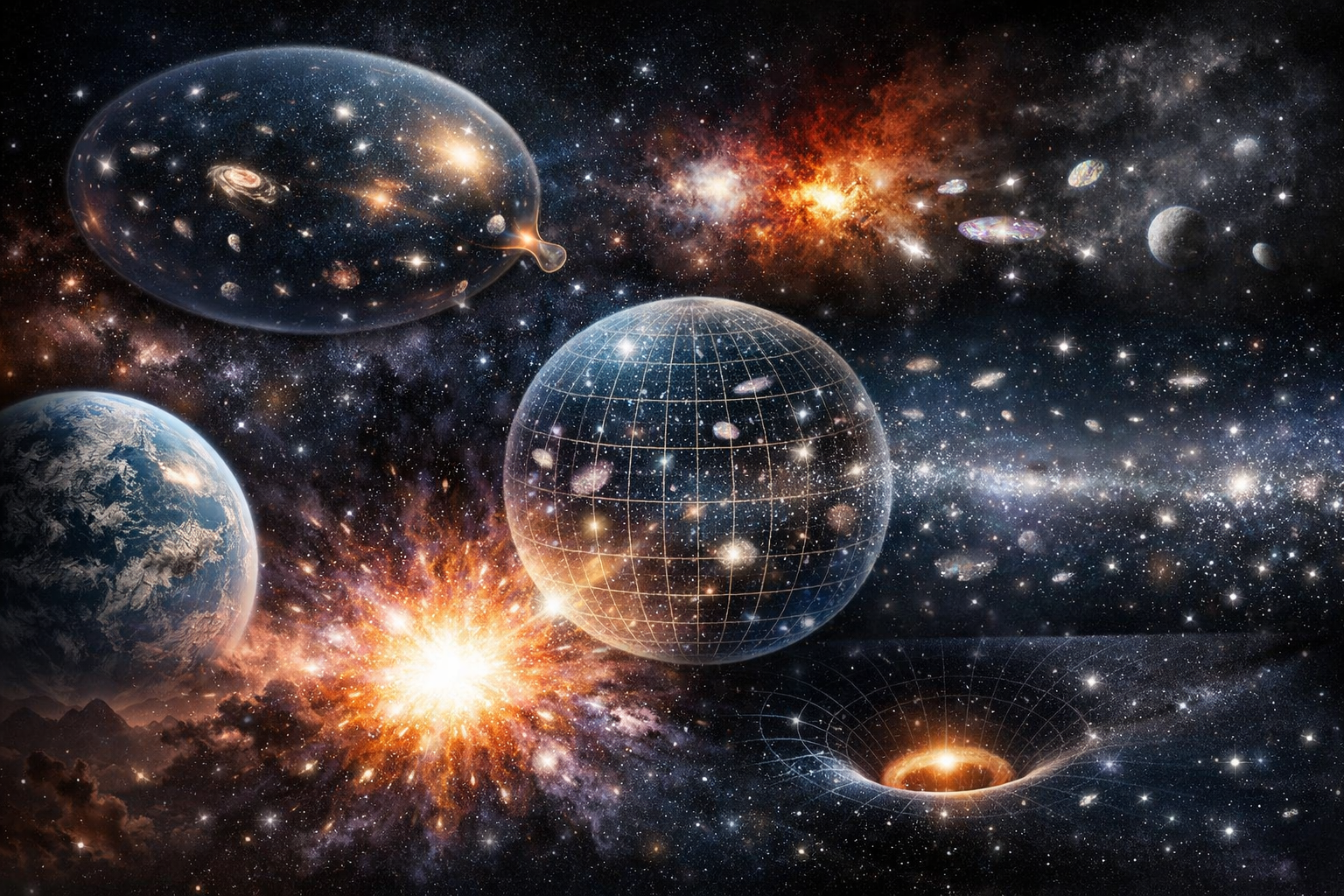 우주의 팽창, 빅뱅, 은하의 분포와 블랙홀 등 우주의 진화와 끝에 대한 개념을 시각화한 우주 일러스트