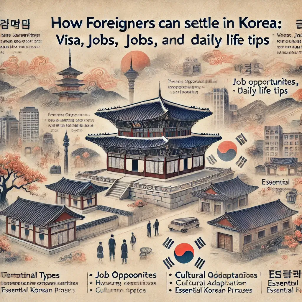 동양화풍으로 제작된 "외국인이 한국에서 정착하는 법: 비자, 취업, 생활 꿀팁 총정리!" 인포그래픽입니다. 전통적인 붓터치와 색감을 살리면서도 현대적인 정착 정보를 담아냈어요.