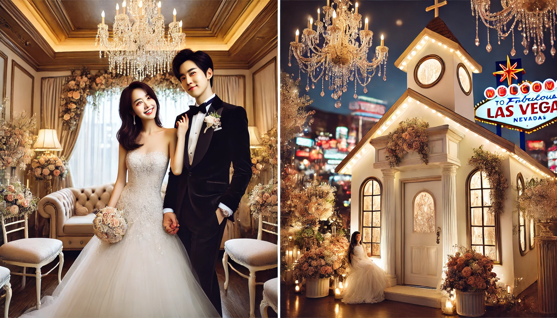 화려한 라스베이거스 예식장에서 커플이 포즈를 취하는 모습 + 작은 채플 외관