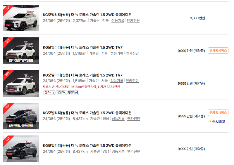 KG모빌리티 토레스 중고차 가격 시세표 24년10월