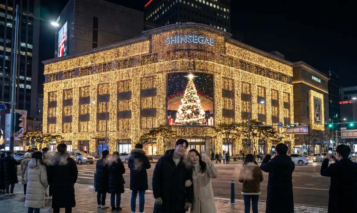 명동 신세계백화점 본점의 화려한 크리스마스 미디어 파사드 야경