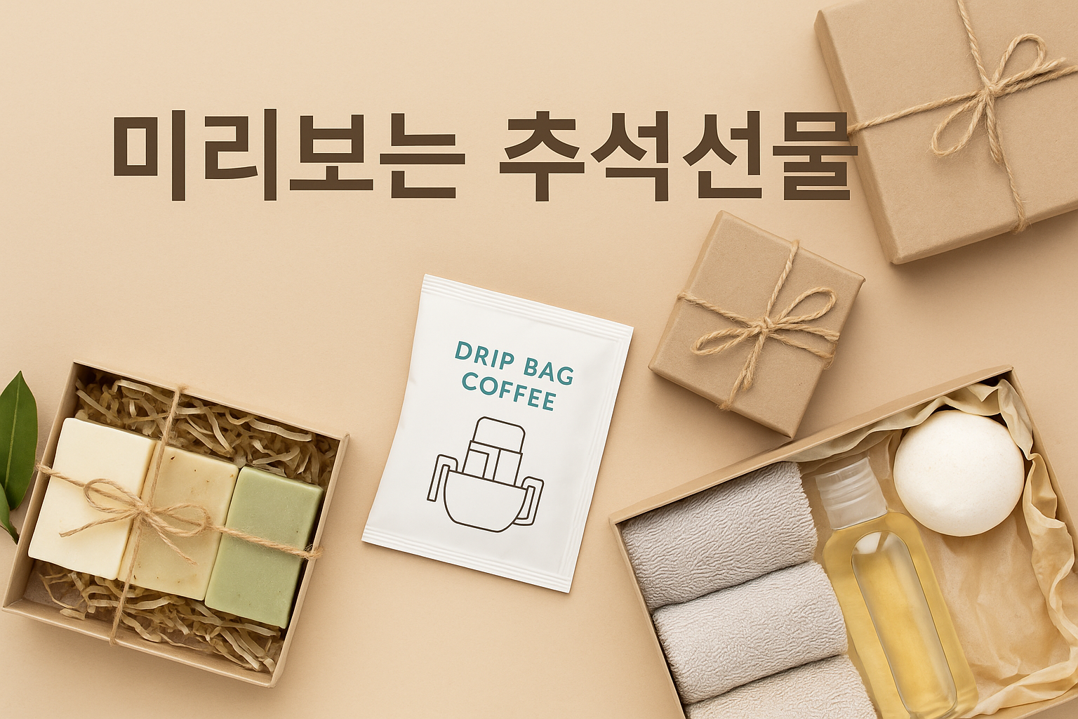 천연비누, 드립백 커피, 홈스파 세트가 포함된 추석 선물 구성 이미지, 선물 상자와 함께 따뜻한 분위기의 디스플레이