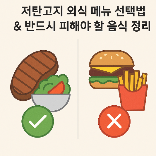 저탄고지 외식 메뉴 선택법과 피해야 할 음식을 비교한 인포그래픽. 좌측엔 고기와 샐러드에 초록 체크, 우측엔 햄버거와 감자튀김에 빨간 X 표시가 있다.