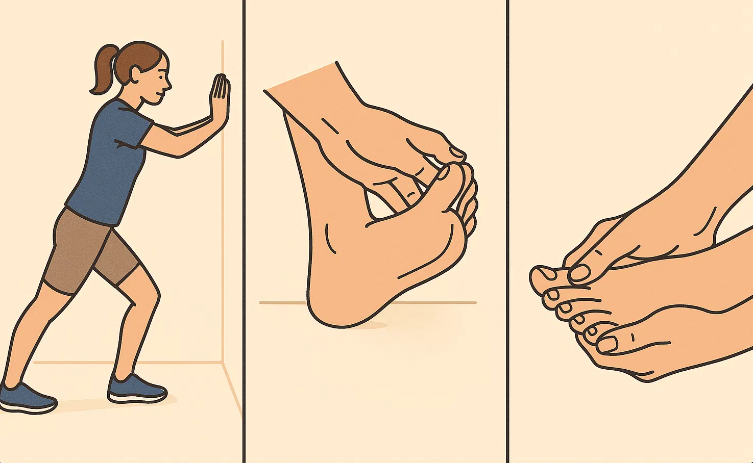 벽에 손을 대고 종아리 스트레칭하는 사람, 발가락을 위로 당기는 스트레칭, 발 마사지를 받는 장면