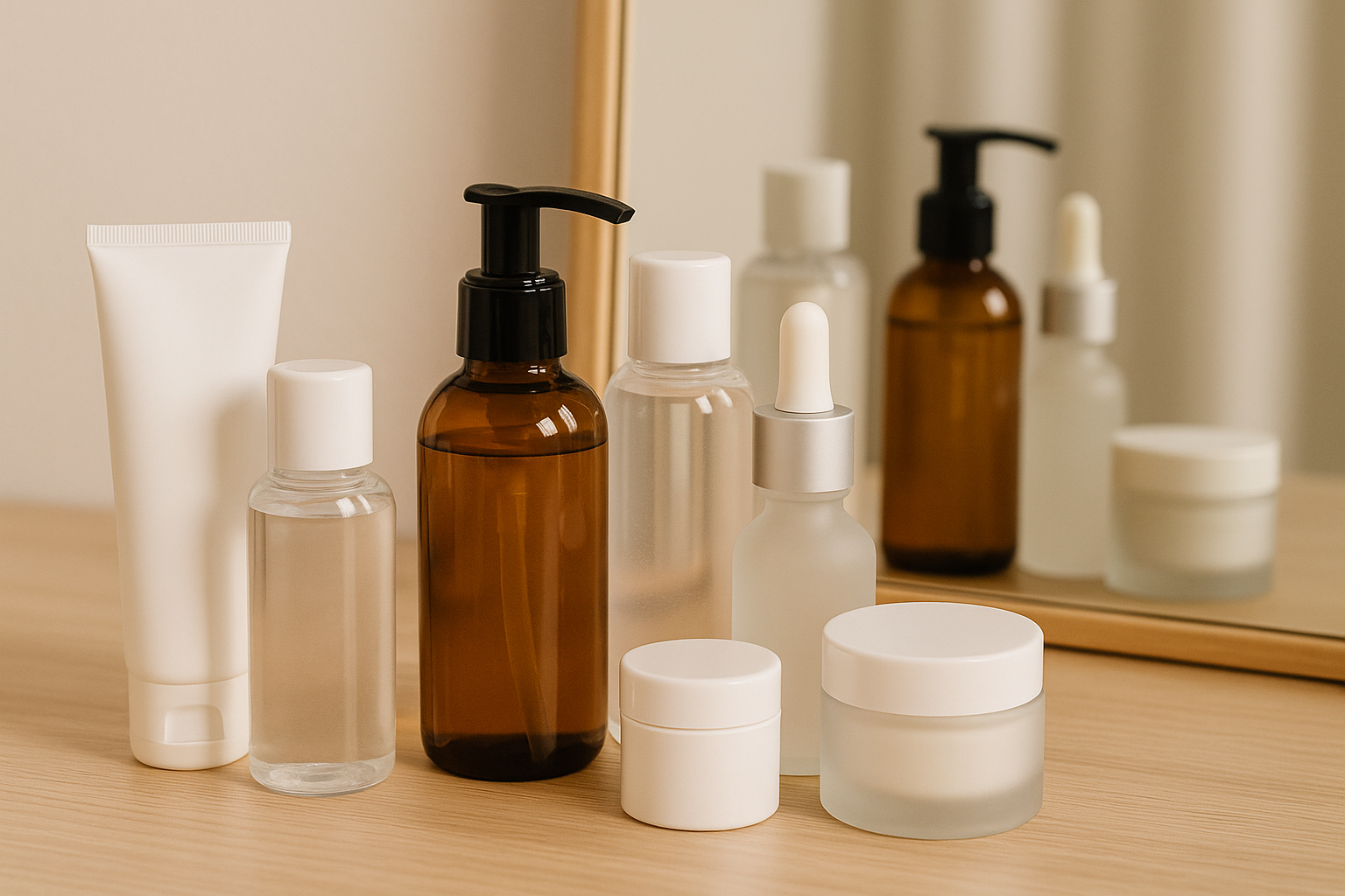 화장대 위에 여러가지 화장품들이 놓여있는 이미지