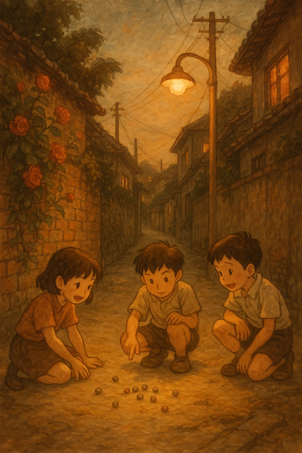 노스탤지어를 불러일으키는 지브리 스타일로, 어릴 적 살던 동네 골목길의 저녁 풍경을 그려줘