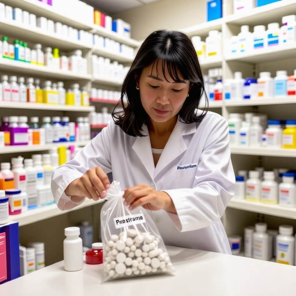 약국 코너: 보건소 내 약국에서 약사가 약을 준비하는 모습, 약 봉투에 약 이름이 적혀 있는 장면