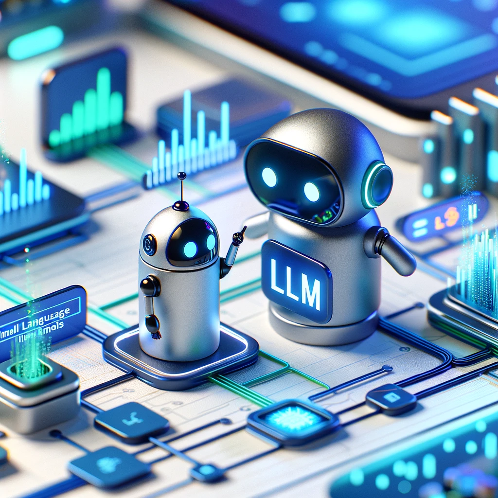 A 3D illustration symbolizing the contrast between Small Language Models (sLLM) and Large Language Models (LLM)