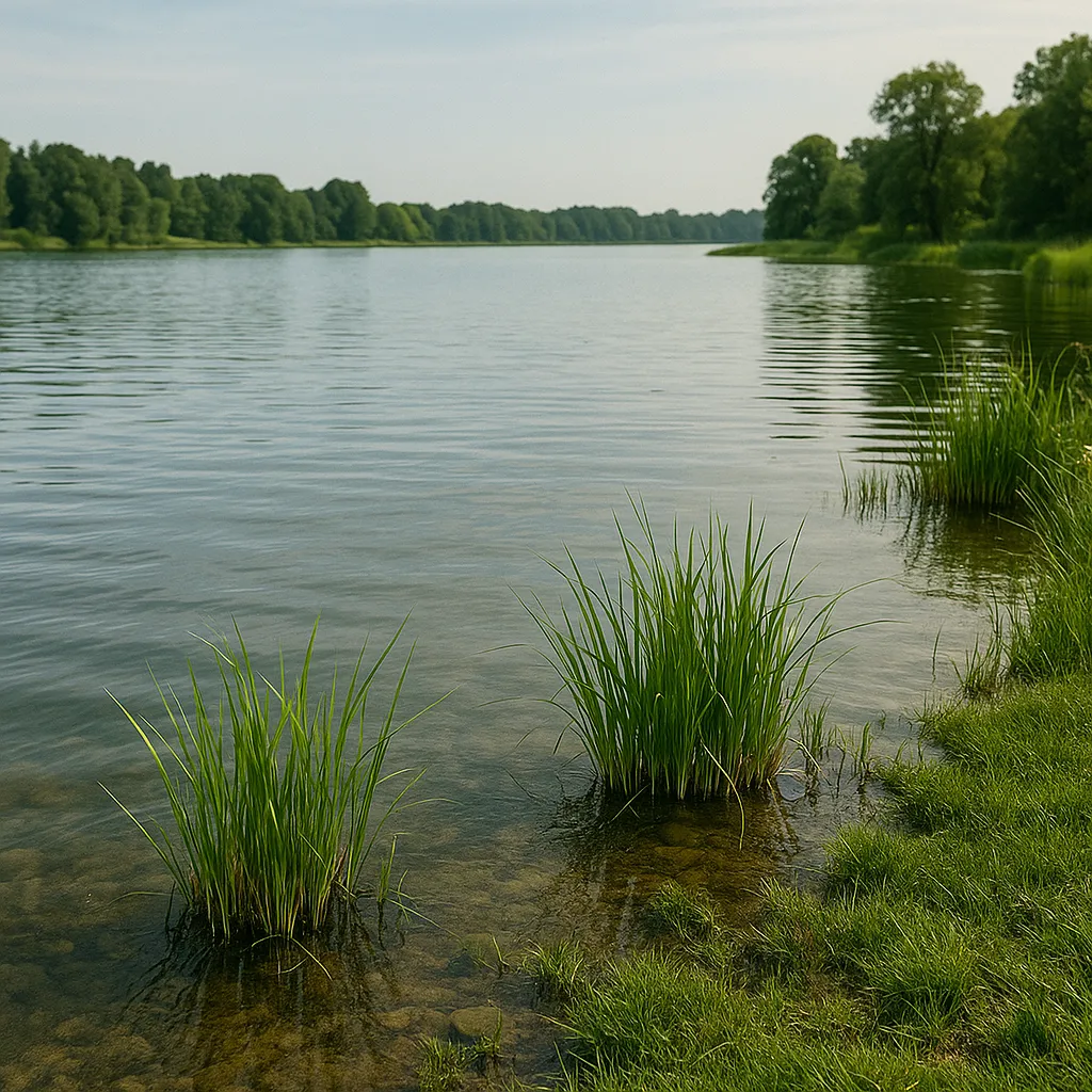 수초가 자란 고요한 호숫가 배스 낚시 포인트