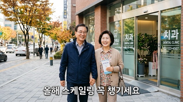 스케일링 가격 절약 후 만족한 중년 부부