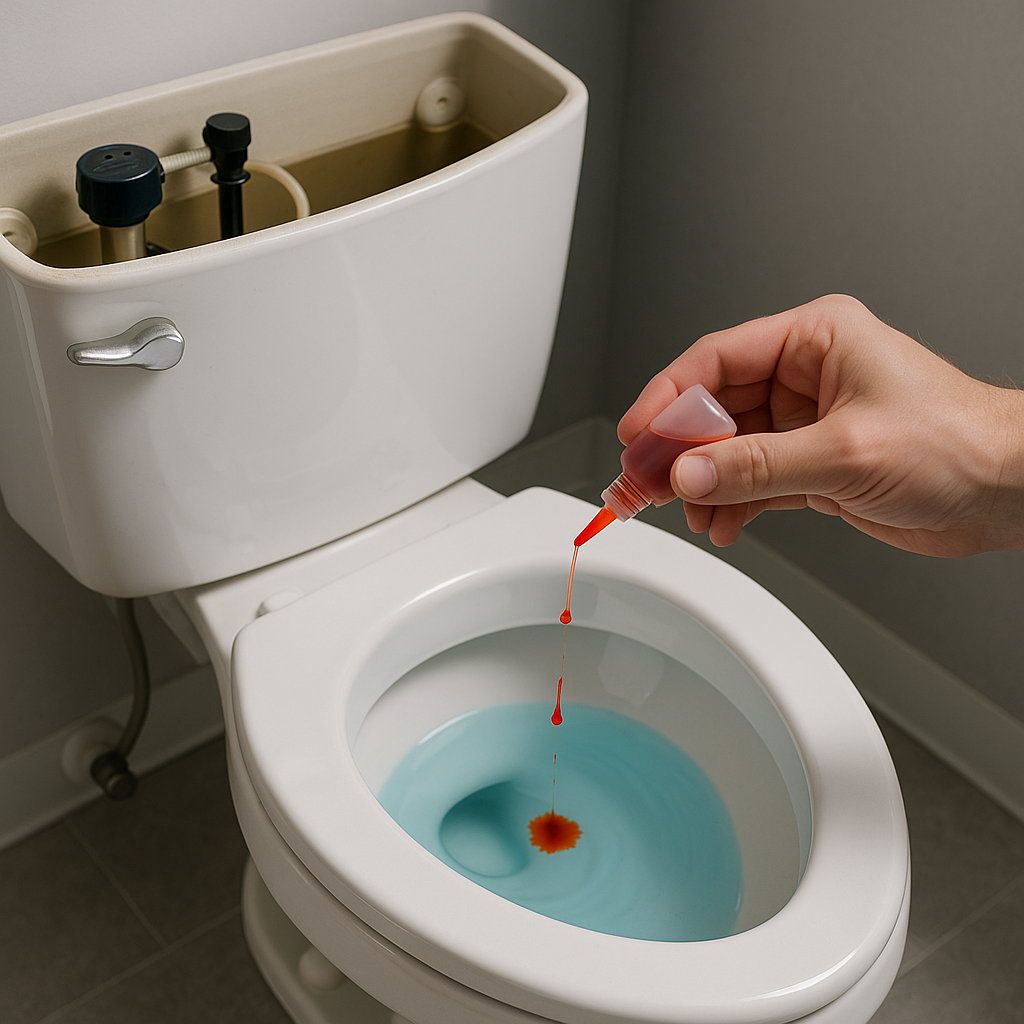 변기 물탱크에 색소를 떨어뜨려 내부 누수 여부를 확인하는 모습