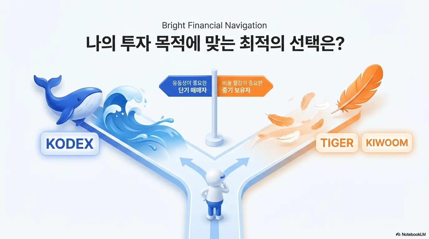 코스닥 레버리지 ETF 비교: 나의 투자 목적에 맞는 최적의 선택은이라는 문구와 함께 유동성이 중요한 단기 매매자는 코덱스를 비용 절감이 중요한 중기 보유자는 타이거와 키움을 선택하는 갈림길을 고래와 깃털 일러스트로 표현한 인포그래픽 이미지. 이 이미지는 코스닥 레버리지 ETF 종목 선택 기준을 시각적으로 전달하며 블로그의 코스닥 레버리지 ETF 투자 전략과 관련된 내용을 설명함