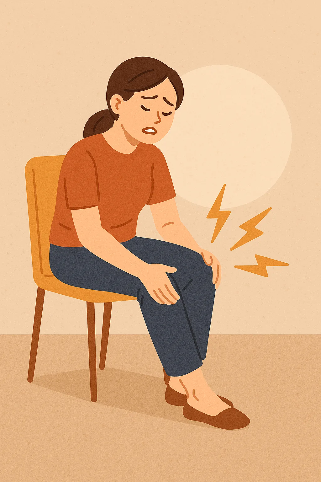 오래-앉아-있을-때-다리에-쥐가-나는-이유를-표현한-일러스트-의자에-앉아-종아리를-잡으며-통증을-느끼는-여성-번개-모양-아이콘으로-쥐를-표현