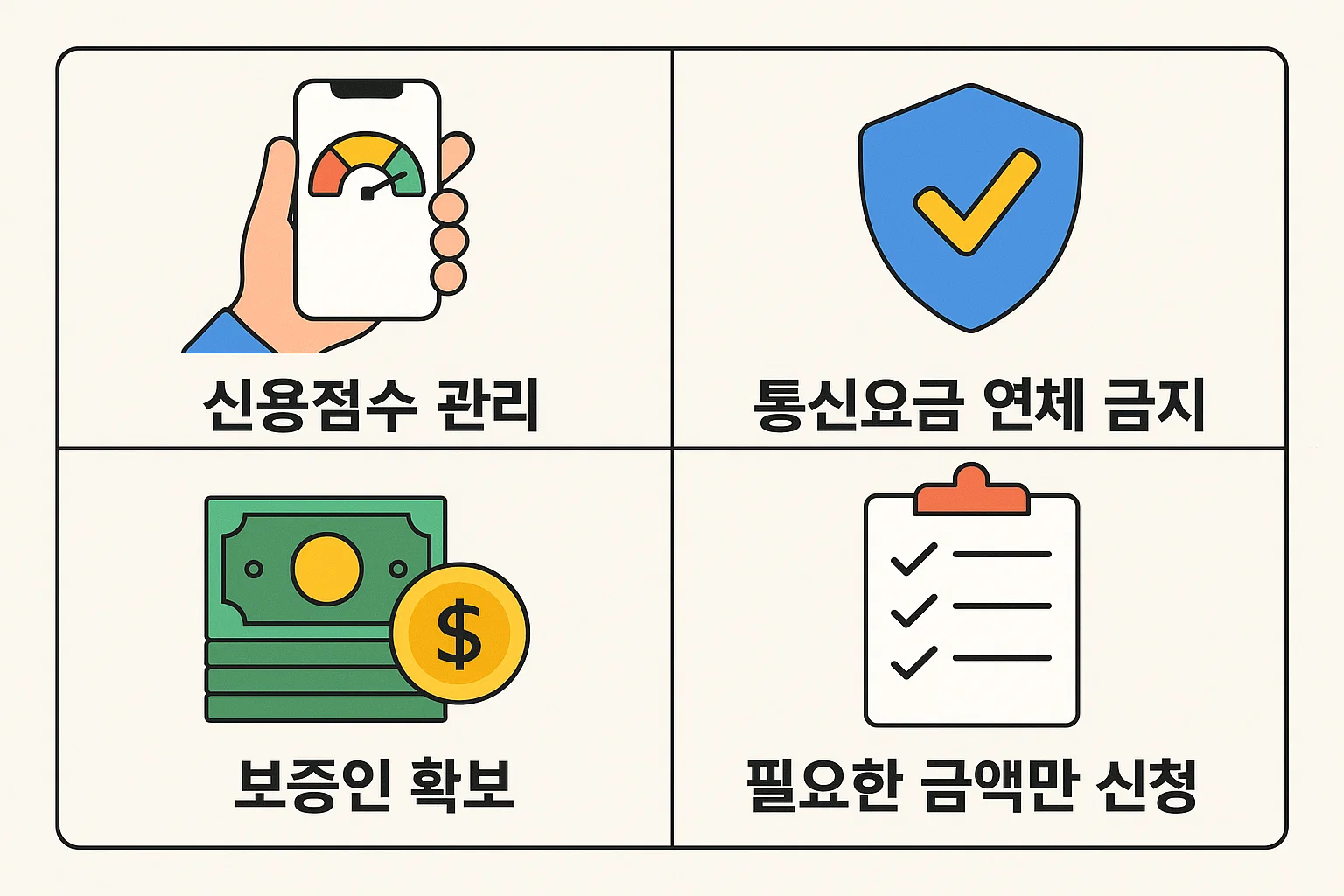 무직자도 비상금대출 승인률을 높이기 위해 관리해야 할 신용점수, 통신요금, 보증인 확보, 신청 금액 관리 팁을 시각적으로 정리한 인포그래픽.