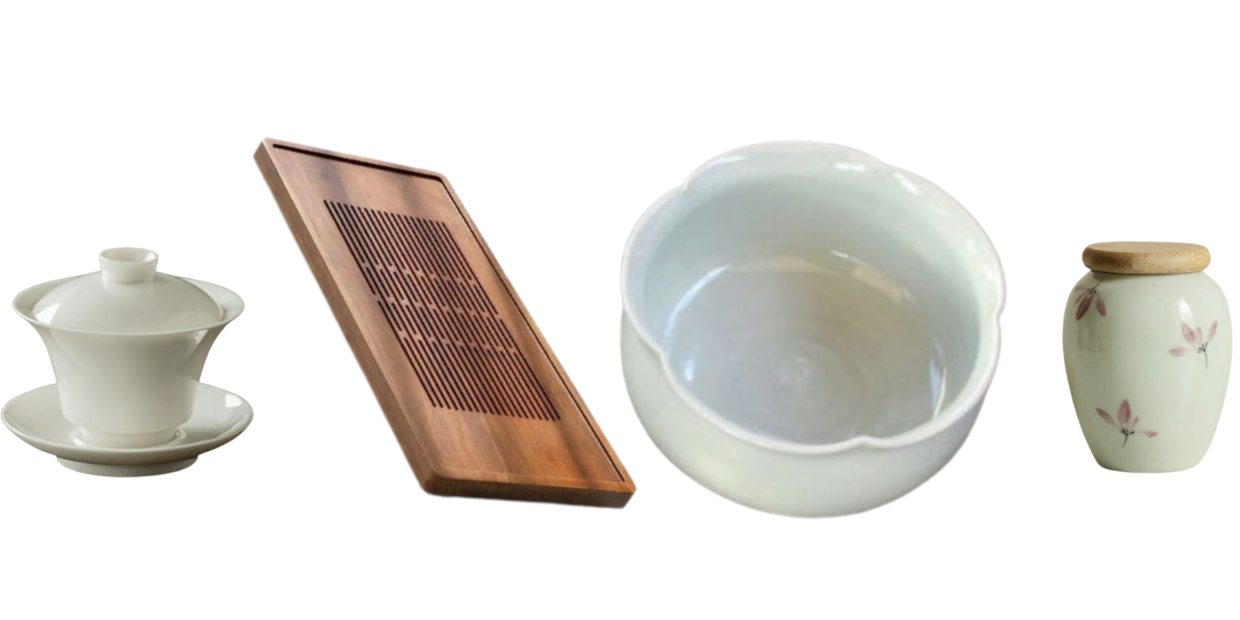 흰 바탕에 4개의 다도 세트가 보인다. 왼쪽 부터 개완, 차판, 퇴수기, 찻통