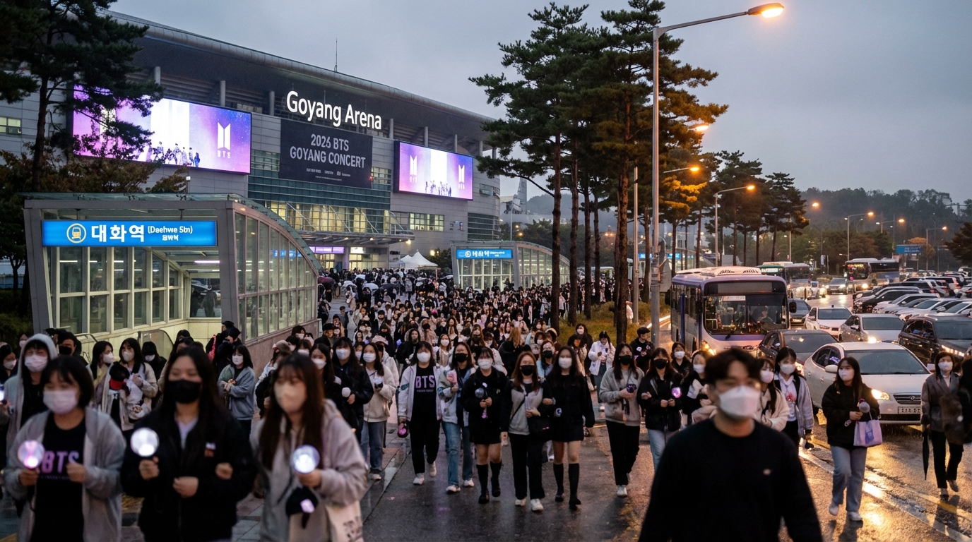 2026년 BTS 고양 아레나 콘서트 종료 후 대화역과 주차장으로 향하는 관객들의 실시간 귀가 행렬 상세 묘사