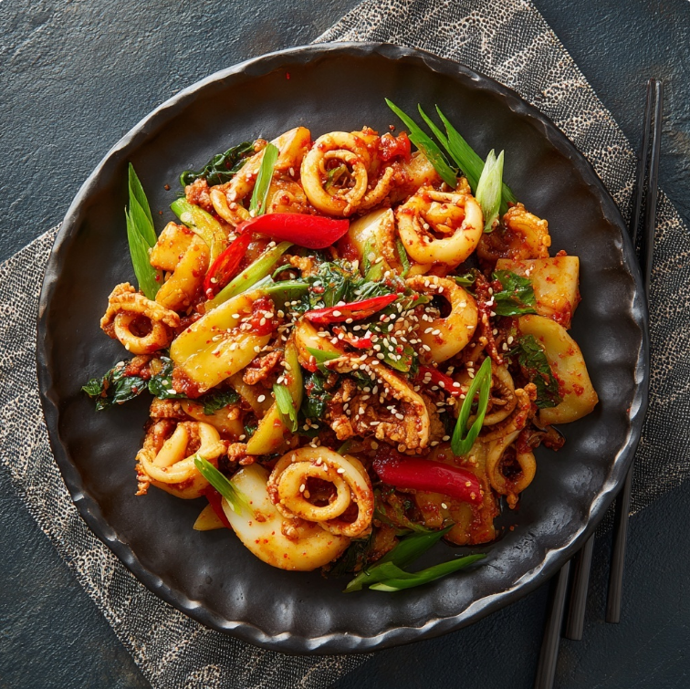 식탁위에서 본 완성된 오징어 볶음