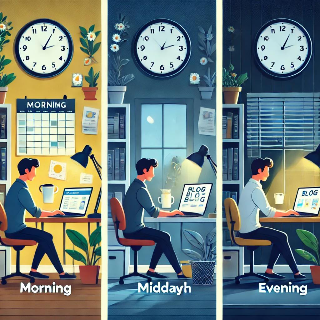 아침, 점심, 저녁으로 구분 되어 진 화면에 각 시간대 별로 한 남자가 노트북으로 작업을 하고 있다