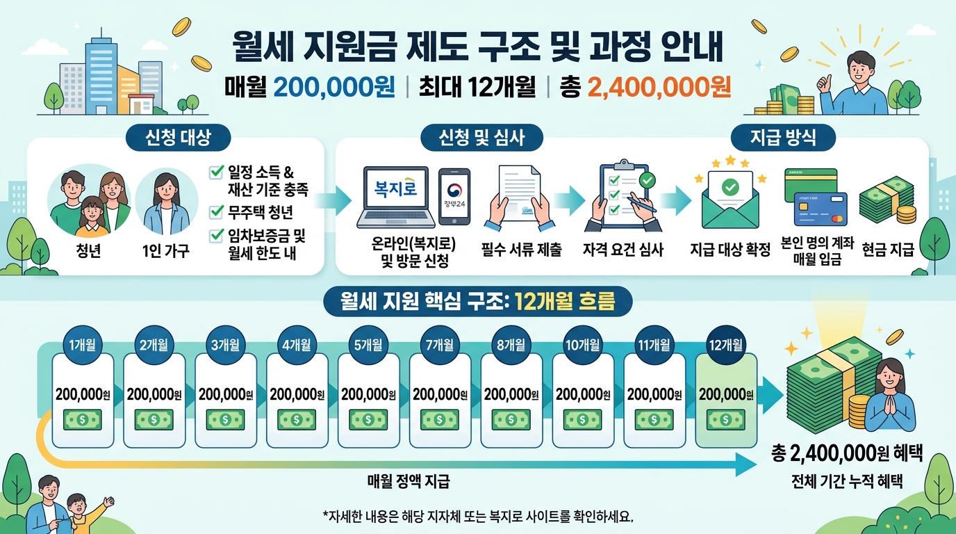 매달 20만 원씩 12개월 동안 지급되는 월세지원금의 구조를 보여주는 이미지