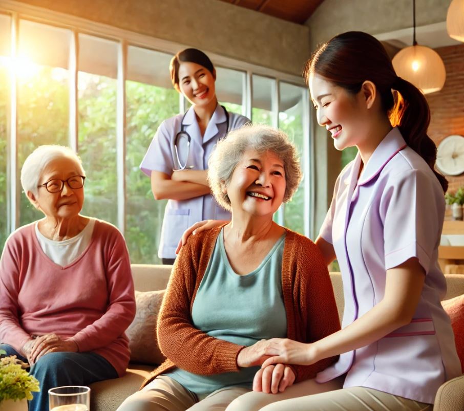 요양시설에서 간병인과 함께 다정한 모습