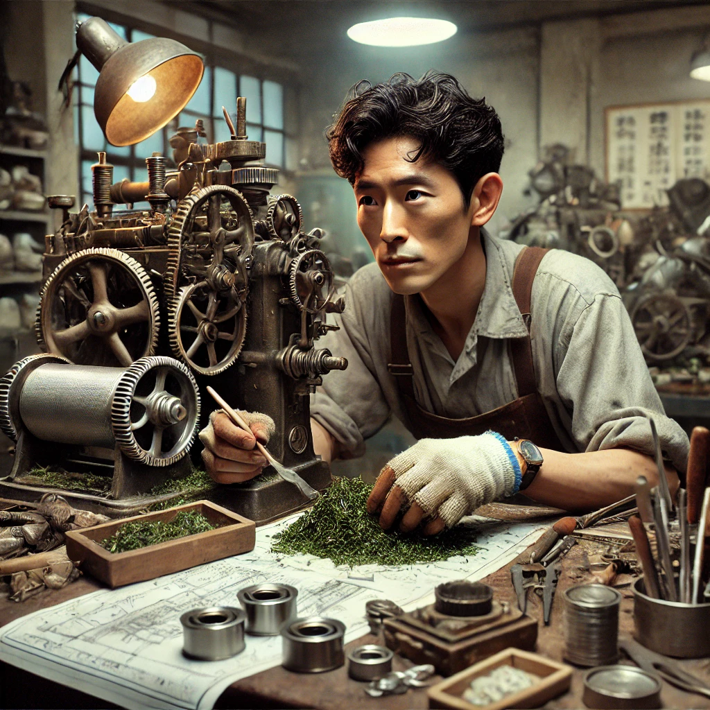 일본산 기계를 분해 중인 김광중모습 &ndash; 공구와 도면이 가득한 작업대