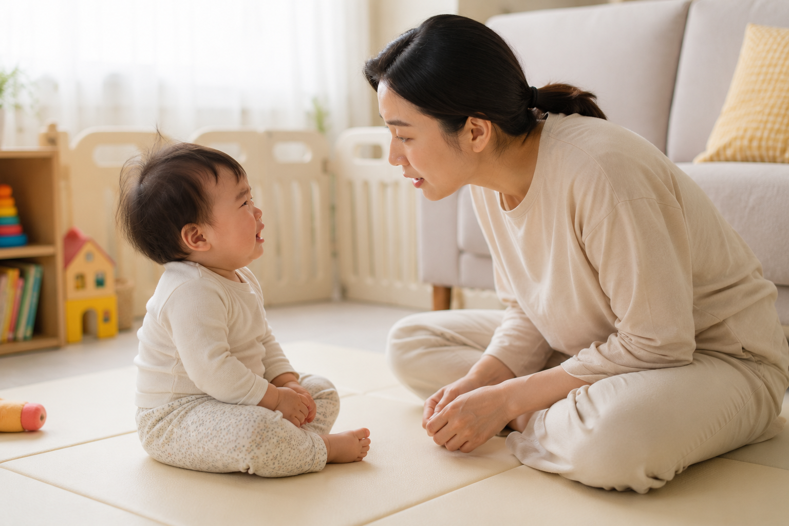 흥분한 15개월 아기와 눈높이를 맞춘 엄마가 안전한 놀이매트 위에서 낮은 목소리로 진정시키는 모습