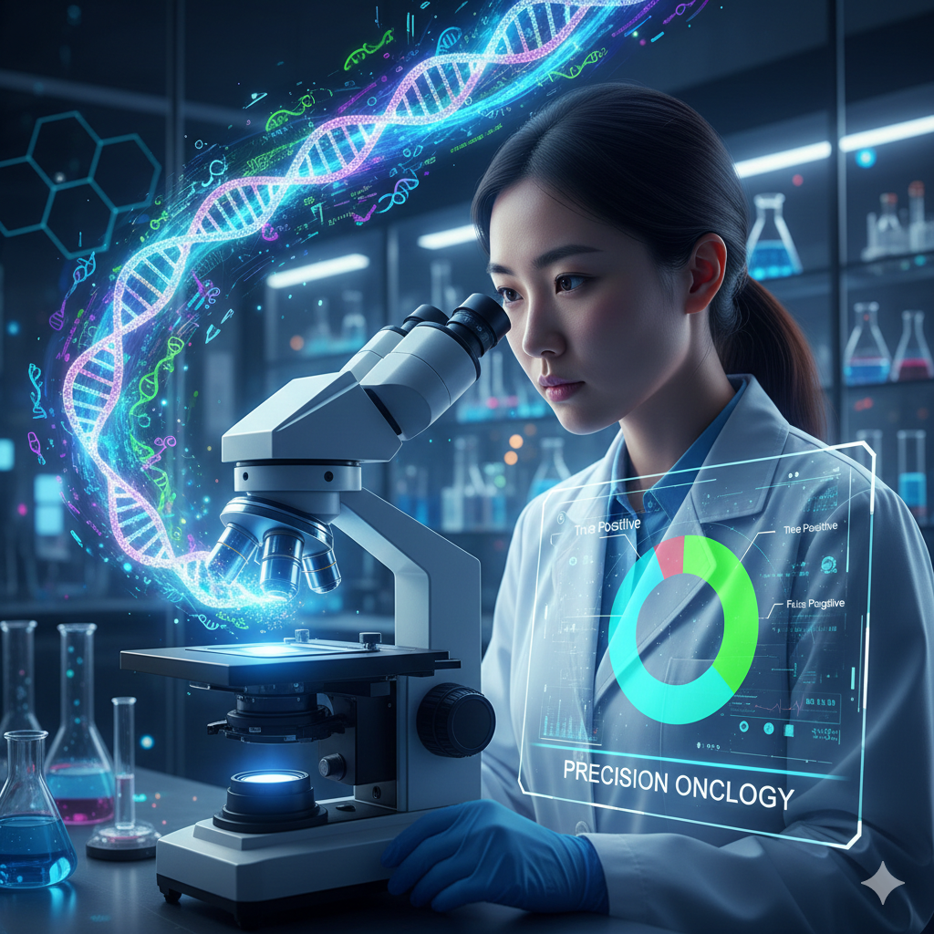 현미경으로 유전자를 분석하는 연구원의 모습과 암 진단 오류를 줄이는 NGS 분석 기술을 형상화한 그래픽 이미지