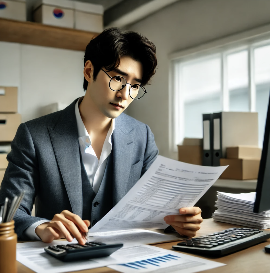 사업가가 세금 서류를 검토하는 모습