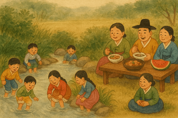 삼복, 초복, 중복, 말복 이미지. 아이들은 개울가에서 발을 담그고 물놀이를 하고 어른들은 삼계탕과 수박을 먹으며 아이들을 지켜보고 있다.