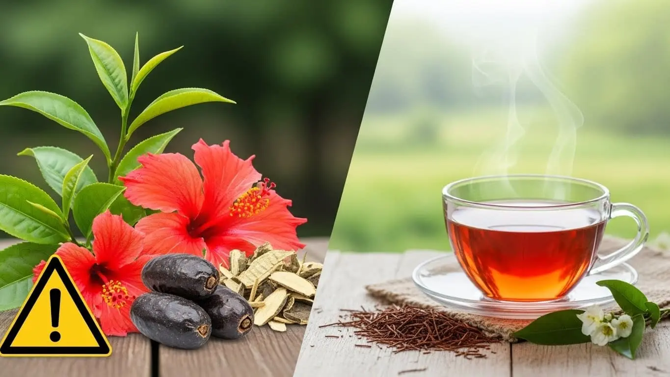 한쪽에는 카페인 함유 차(녹차, 홍차)와 약효가 강한 차(헛개나무차, 결명자차)를 상징하는 이미지와 경고 표시, 다른 한쪽에는 비교적 안전한 루이보스차 이미지가 대비되어 있는 모습.