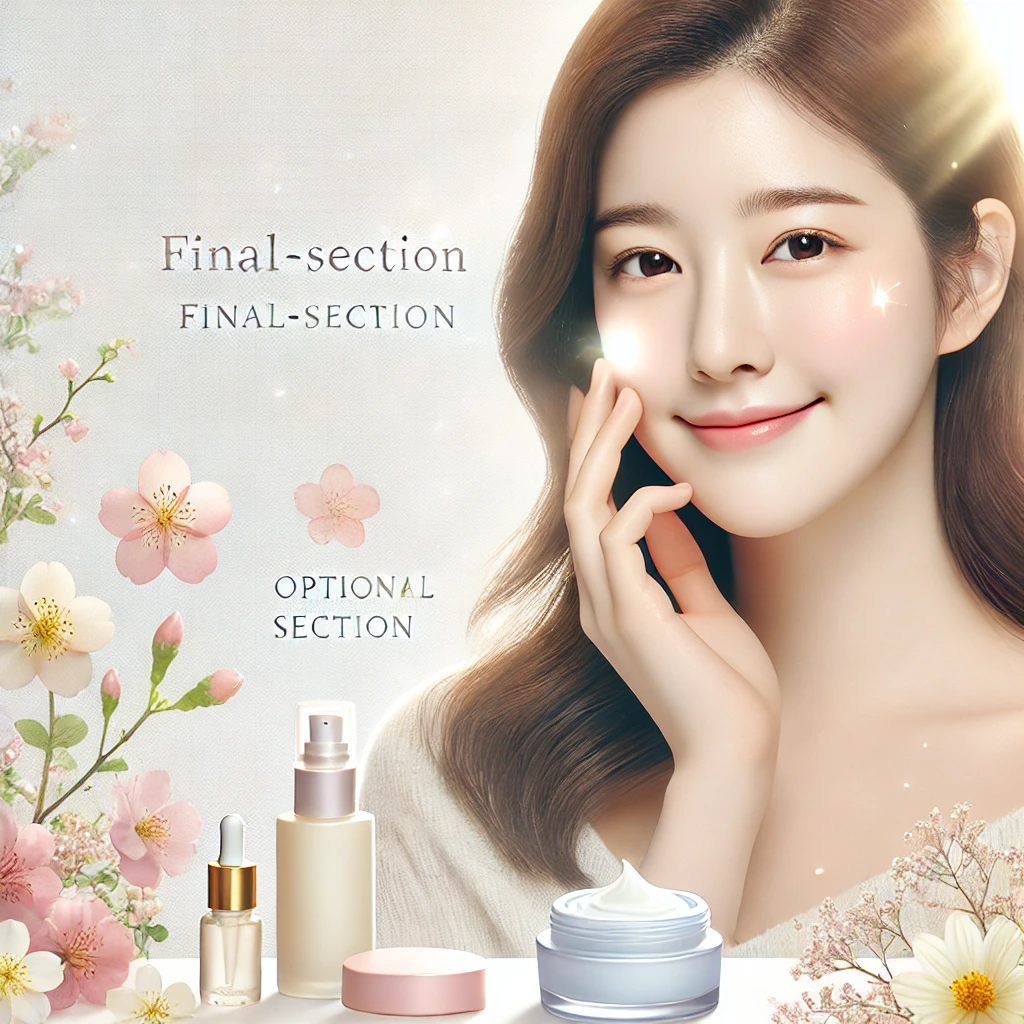 스킨케어 후 환하게 미소 짓는 여성, 부드럽고 촉촉한 피부 표현, 봄 햇살 가득한 분위기