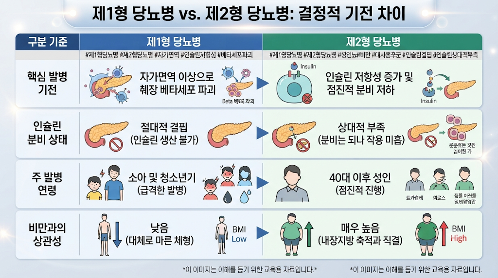 제1형 당뇨병과 제2형 당뇨병의 결정적 기전 차이